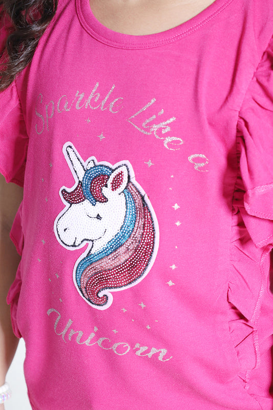 SUMMER - HOT PINK - GIRL'S TOP - UNICORN SEQUIN PATCH