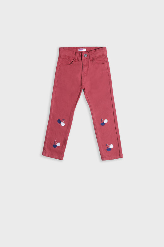 Girl's Twill Pent Emb. - Cherry - Girl Pant -  juniperkidz-5345.myshopify.com