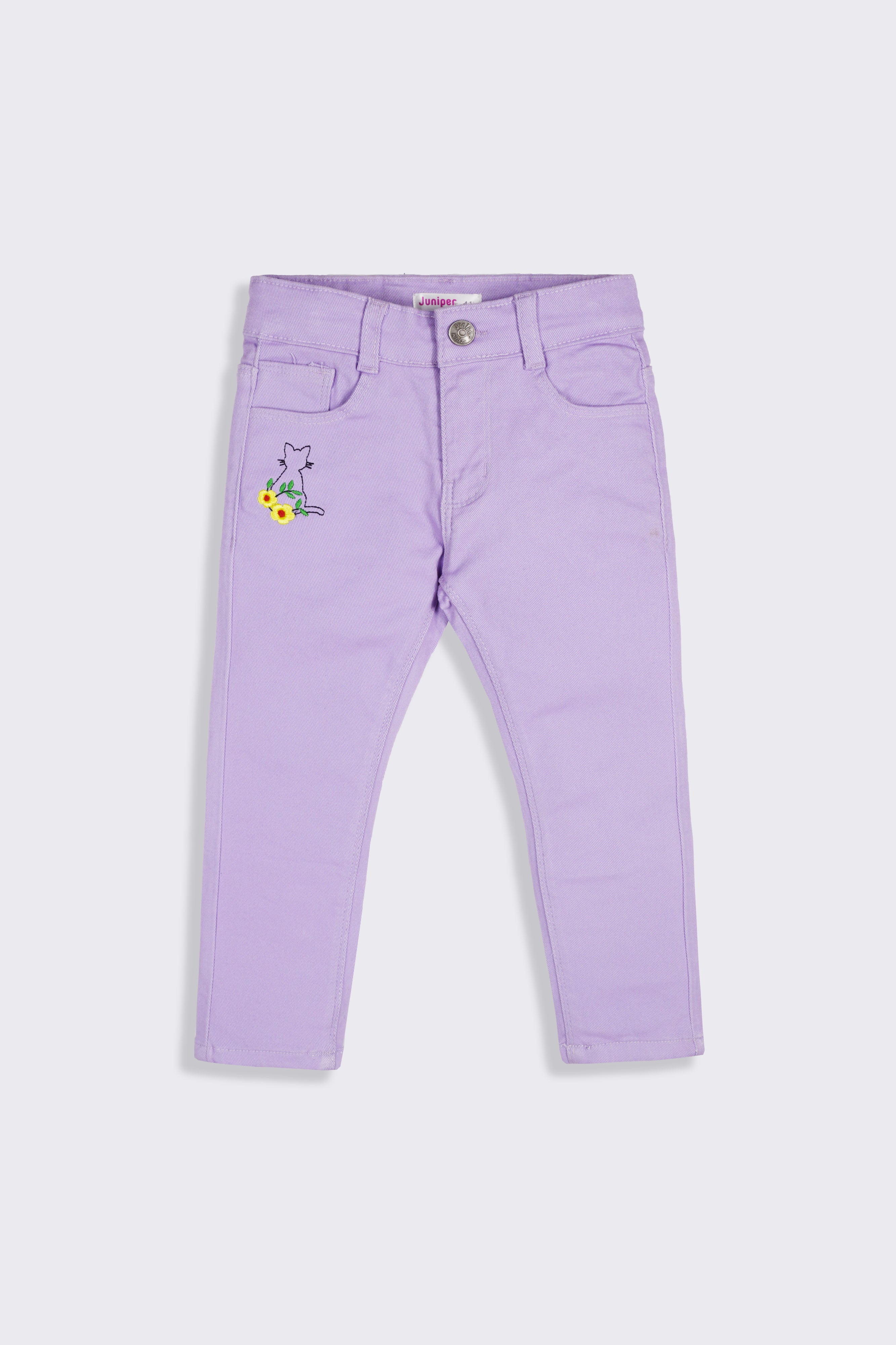 Girl's Twill Pent Emb. - Cat - Girl Pant -  juniperkidz-5345.myshopify.com